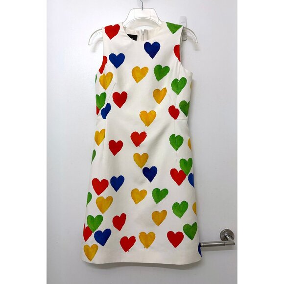 Akris Hearts Print Sheath Dress Cotton Silk White Rainbow Painterly Colorful 4 - Picture 2 of 16
